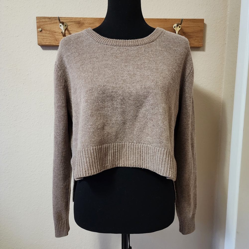 Massimo Dutti Wool Cashmere Blend Taupe Split Hem Pullover Sweater